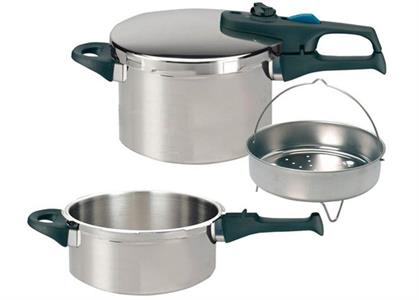 2 PENTOLE A PRESSIONE + CESTELLO CM.22 010556 LT.3+6 INDUZ.KAUFGUT